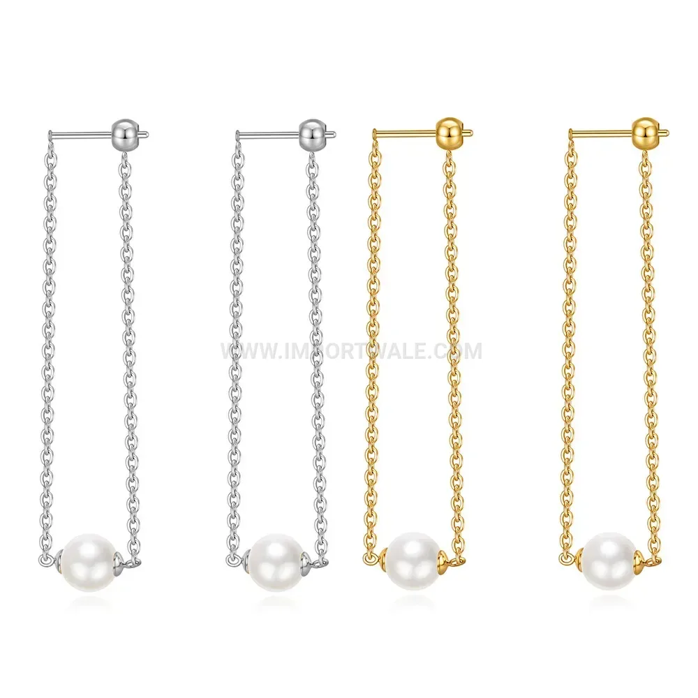 Faux Pearl Long Tassel Chain Stainless Steel Earrings