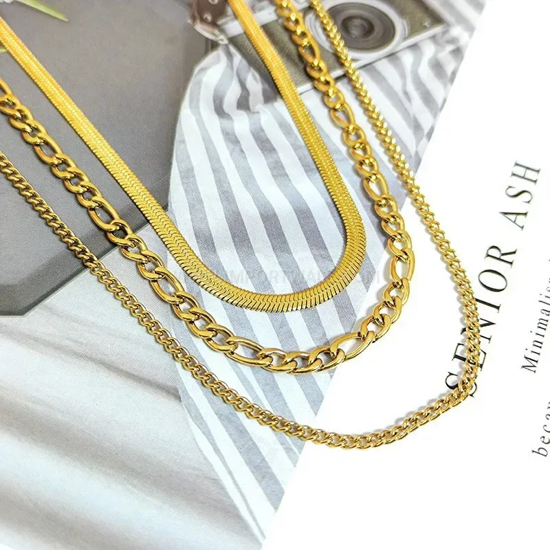 Modern Triple Layer Gold Titanium Steel Figaro Chain Necklace