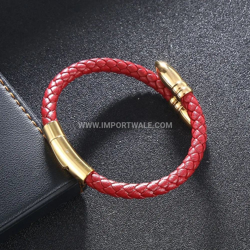 Vibrant Leather Bracelet with Gold-Plated Nail Motif Accent
