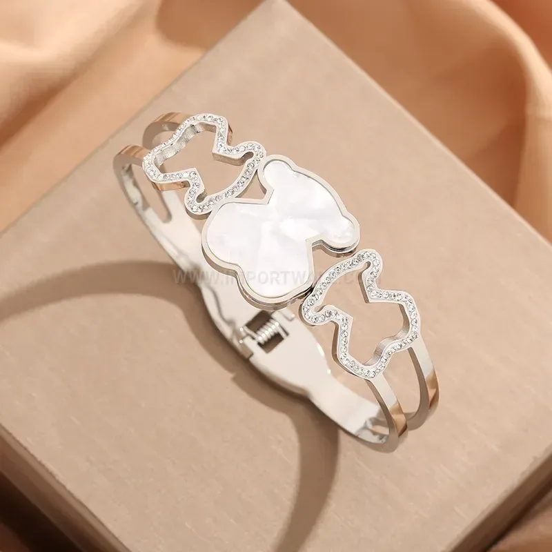 Panda Shell Accent Titanium Steel Bangle Bracelet