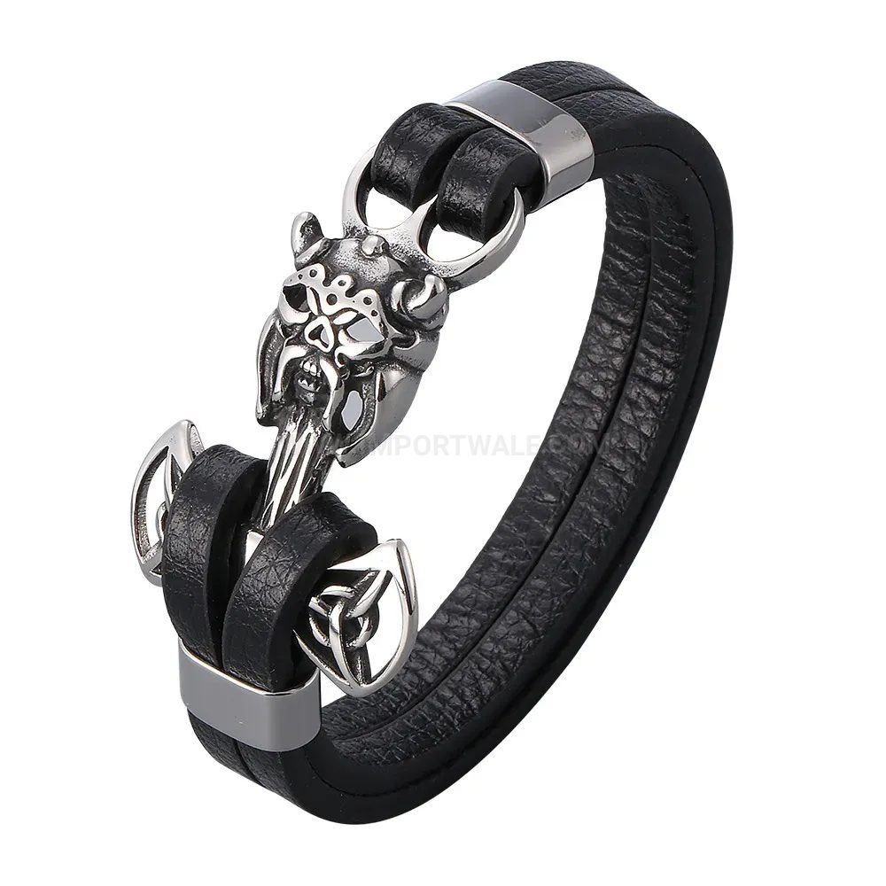 Vintage Skull Stainless Steel Braided Leather Bangle