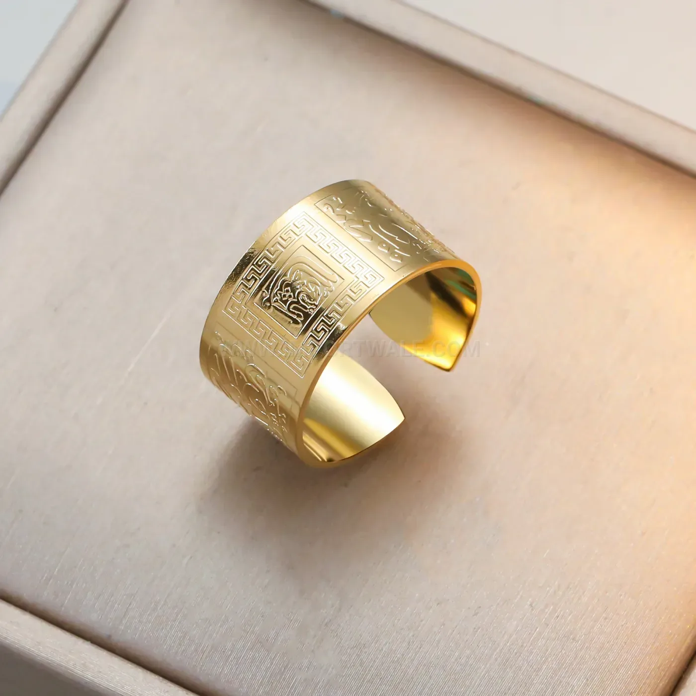 Modern Embossed Greek Key Meander Adjustable Stainless Steel Open Ring