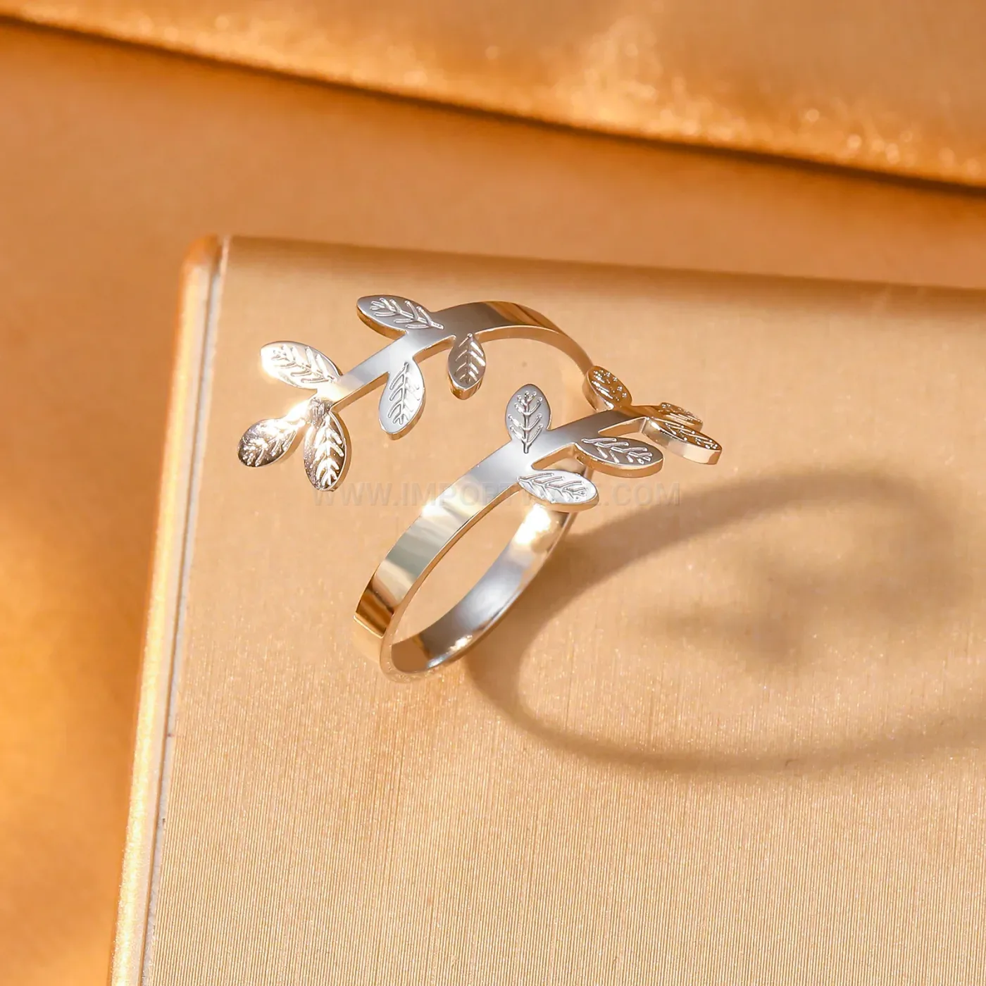 Elegant Minimalist Gold Plated Stainless Steel Leaf Branch Open Band Ring