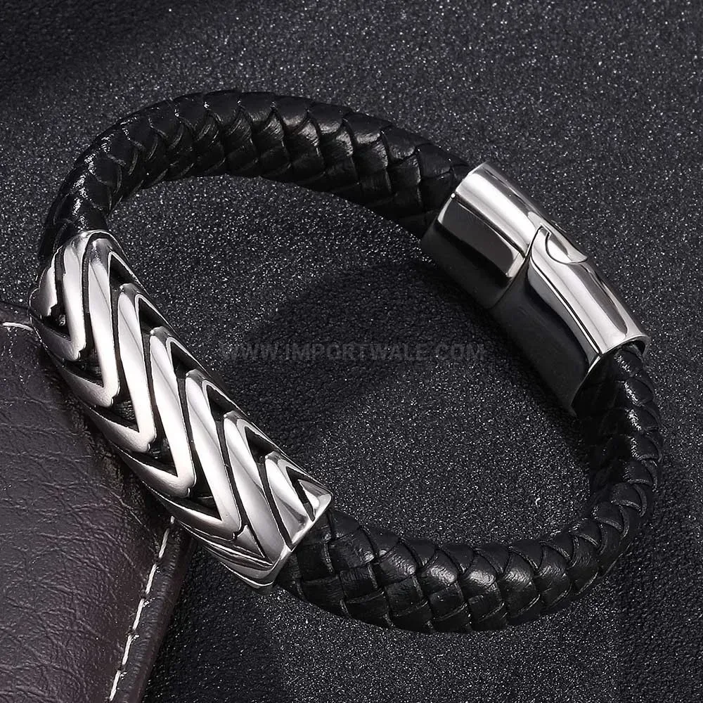 Black Leather Arrow Bracelet with Stainless Steel Clasp for Men
