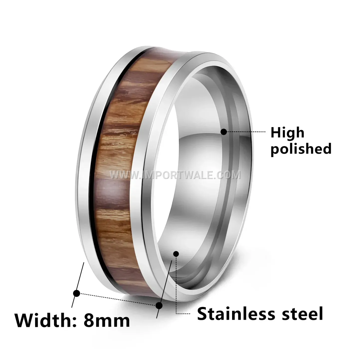 Wood Inlay Stainless Steel Band Ring for Couples