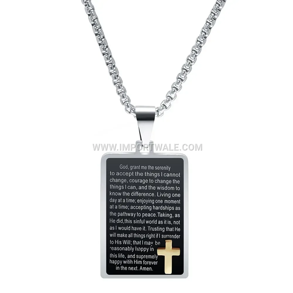 Engraved Rectangular Cross Pendant Stainless Steel Necklace