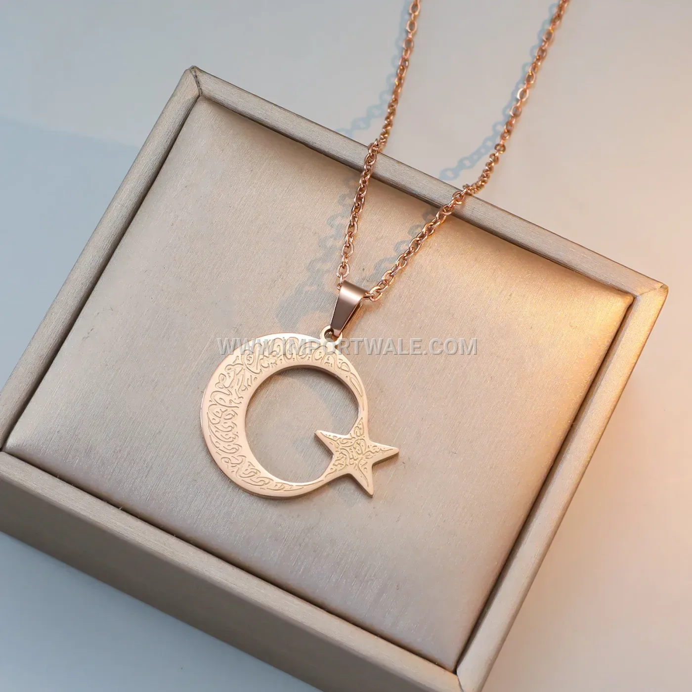 Gold Plated Stainless Steel Crescent Moon Star Calligraphy Pendant Necklace