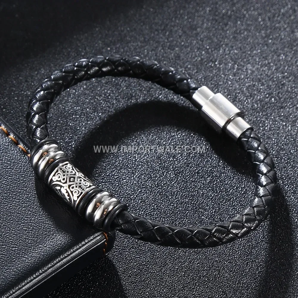 Braided Black Leather Bracelet with Stainless Steel Clasp