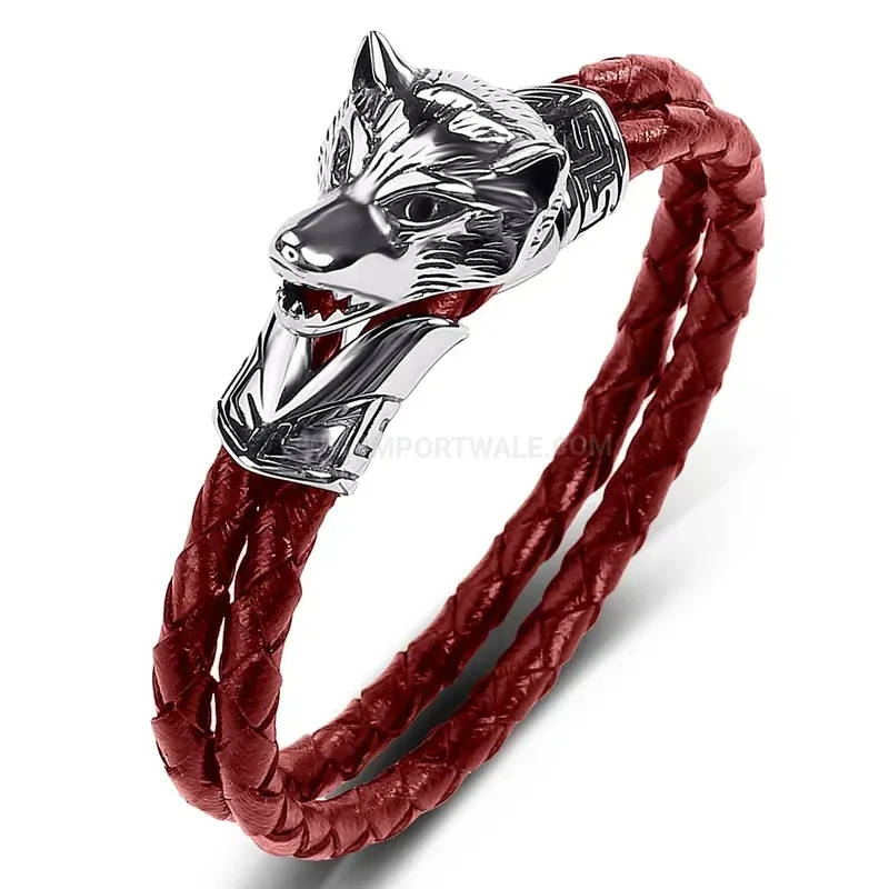 Stylish Punk Style Stainless Steel Wolf Head Men Leather Bracelet