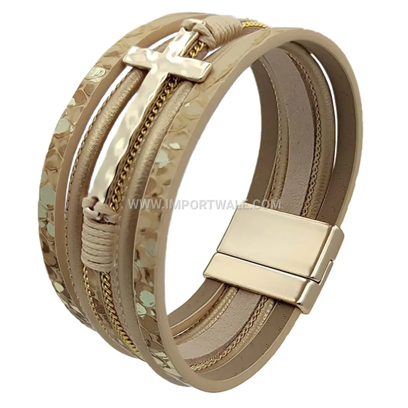 Wide Braided Faux Leather Cross Bracelet with Magnetic Clasp