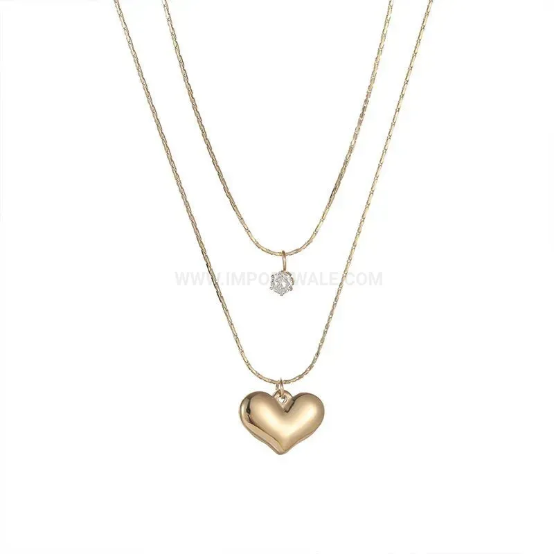 Stylish Titanium Steel Double Layered Crystal Heart Pendant Necklace