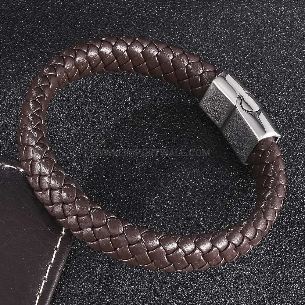 Woven Leather Bracelet with Smooth Stainless Steel Buckle