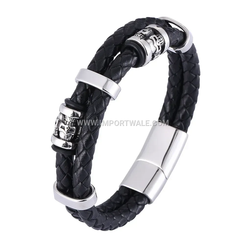 Dual Strand Leather Wrap Bracelet with Stainless Steel Magnetic Closure