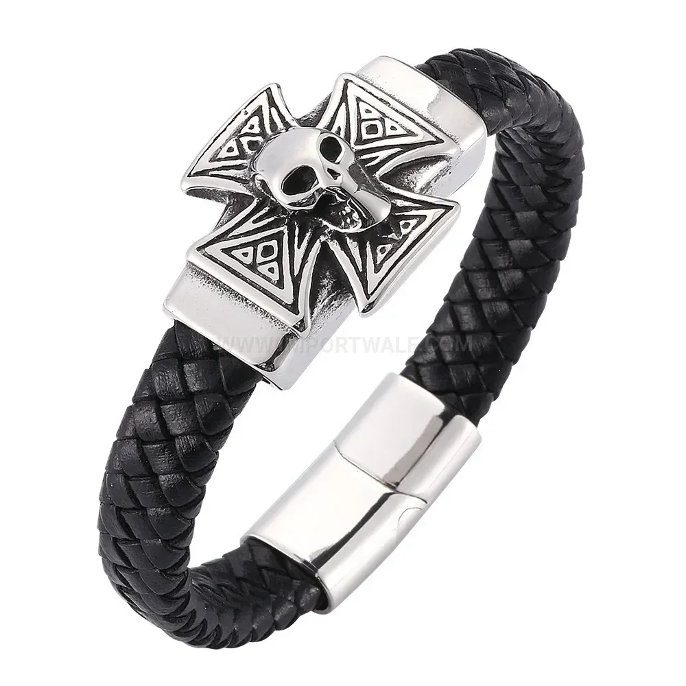 Edgy Skull Cross Stainless Steel Leather Cuff Bracelet
