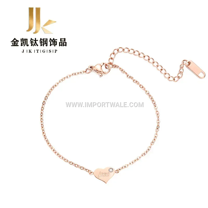 Minimalist Rose Gold Heart Charm Rhinestone Bracelet
