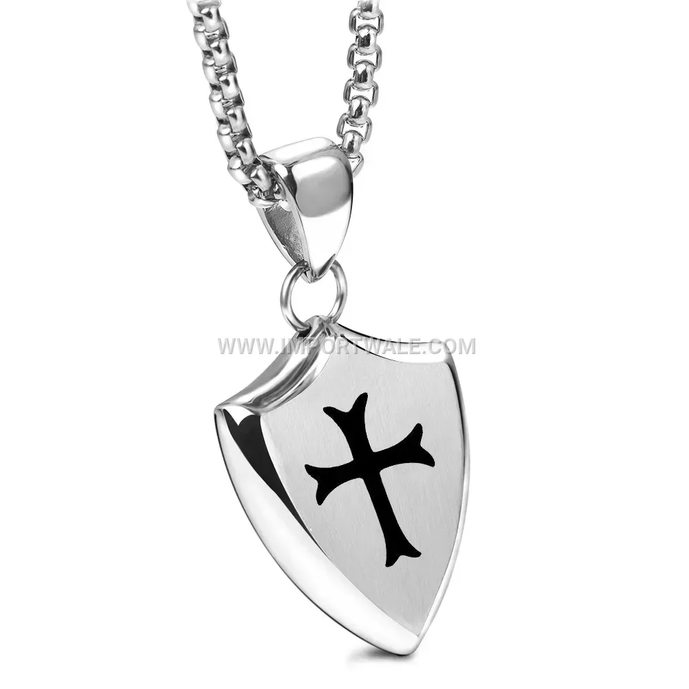 Engraved Shield Cross Stainless Steel Pendant Necklace