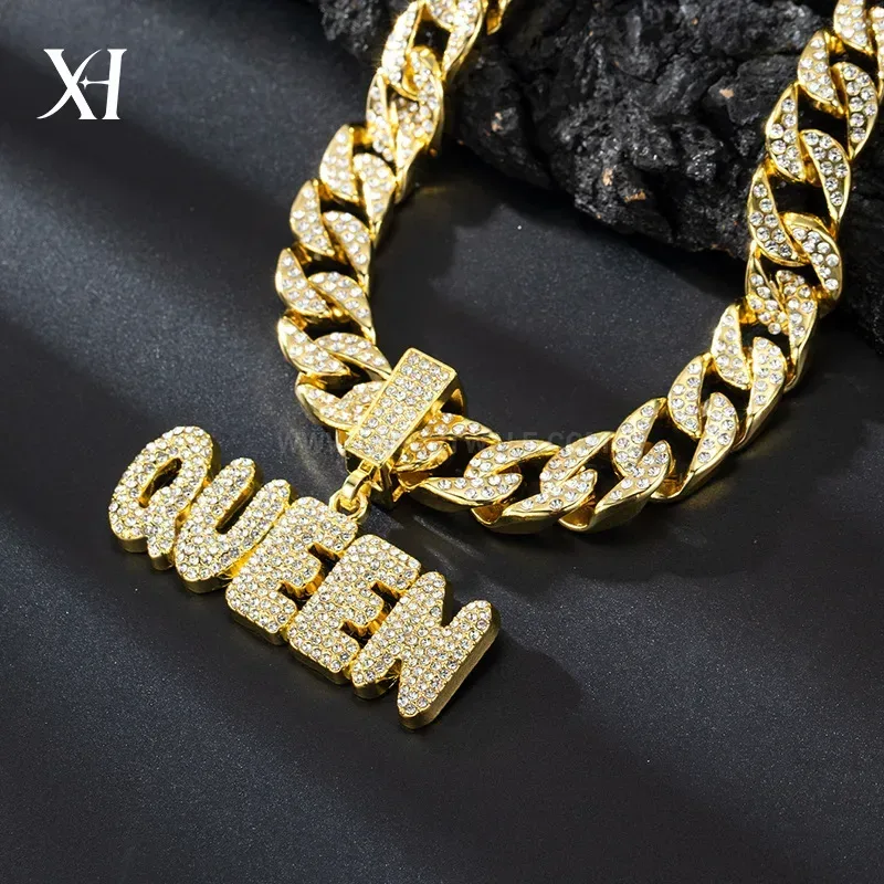 Chic Iced Out Queen Letter Pendant Cuban Chain Necklace
