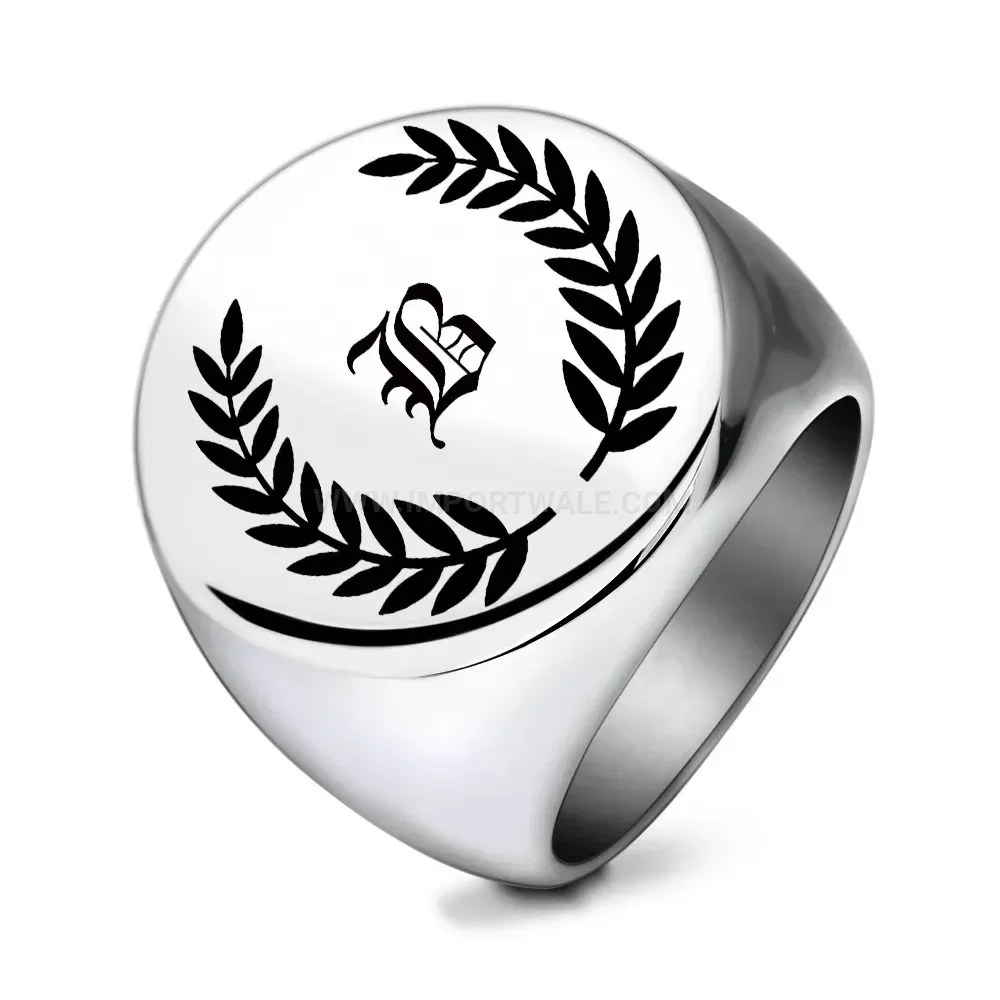 Stylish Engraved Alphabet Leaf Stainless Steel Signet Ring