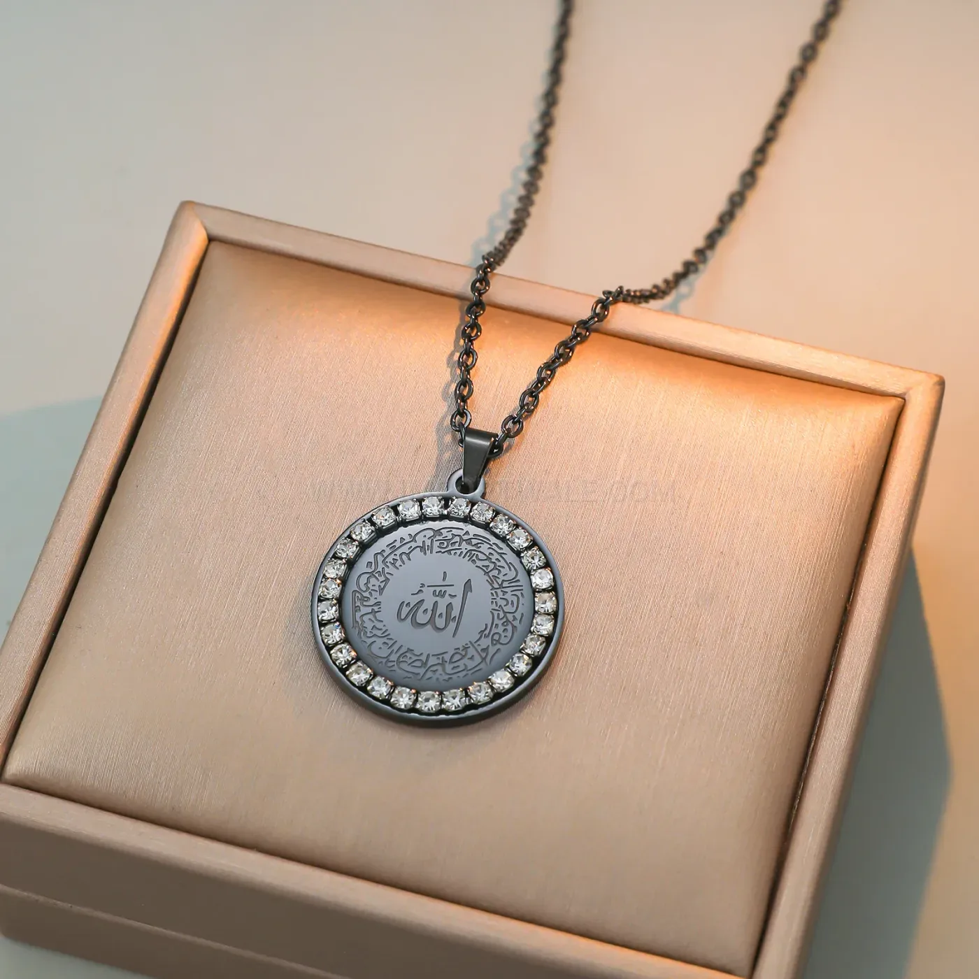 Gold Plated Stainless Steel Allah Inscription Pendant Necklace With Zircon Accent