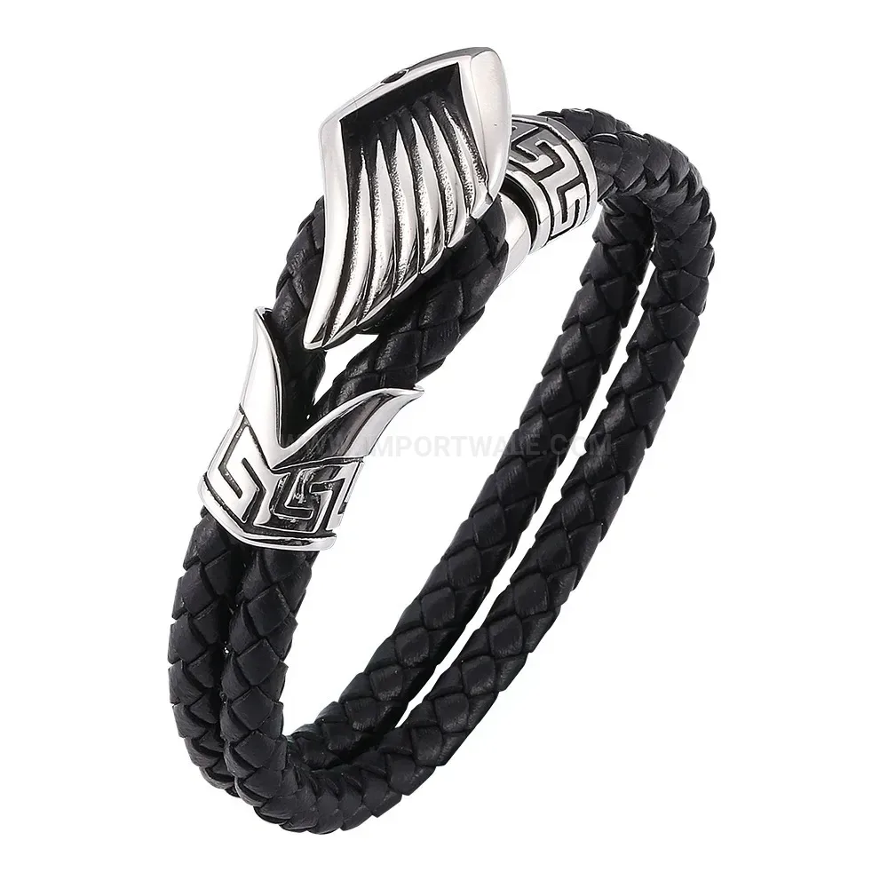 Retro Wing Stainless Steel Woven Leather Bracelet