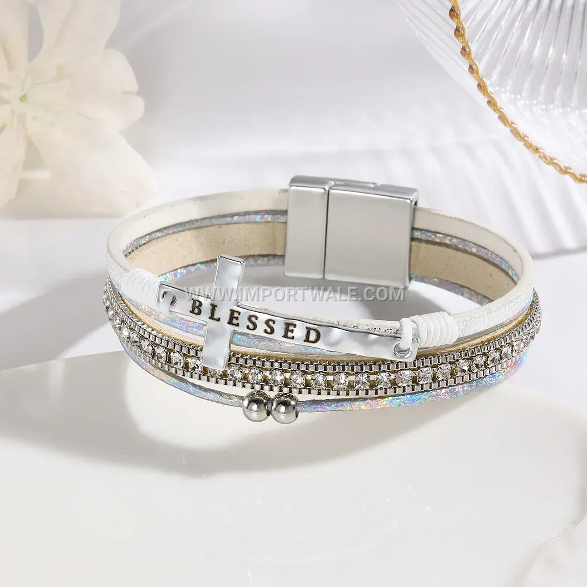 Bohemian Multi-Layer Faux Leather Cross Bracelet with Magnetic Clasp
