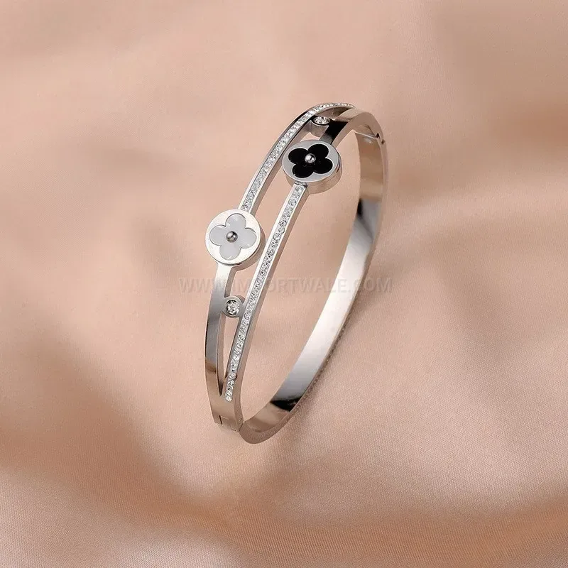 Modern Shell Clover Rhinestone Open Titanium Steel Bangle Bracelet