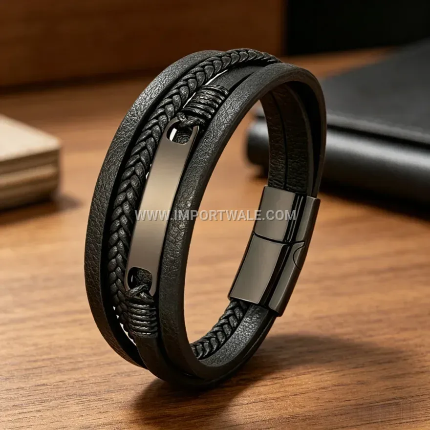 Stainless Steel Accent Braided Leather Punk Bracelet