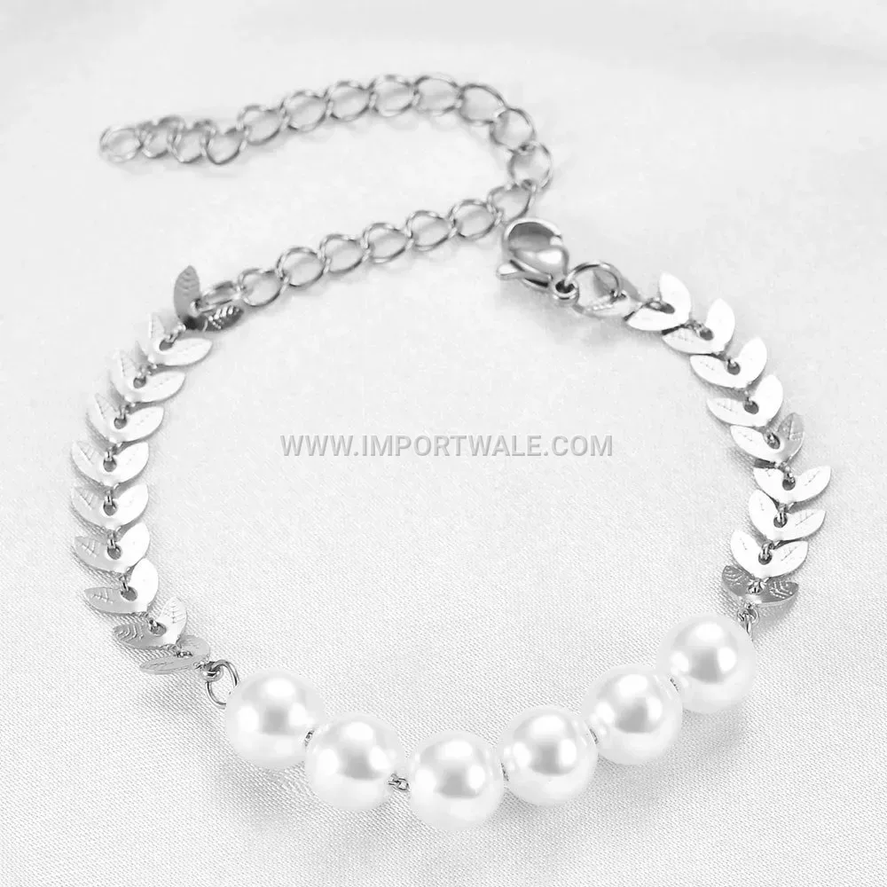 Stainless Steel Leaf Splice Bracelet with Faux Pearl