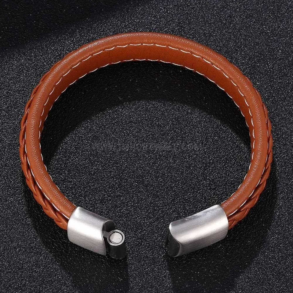 Handcrafted Brown Leather Bracelet with Stainless Steel Clasp