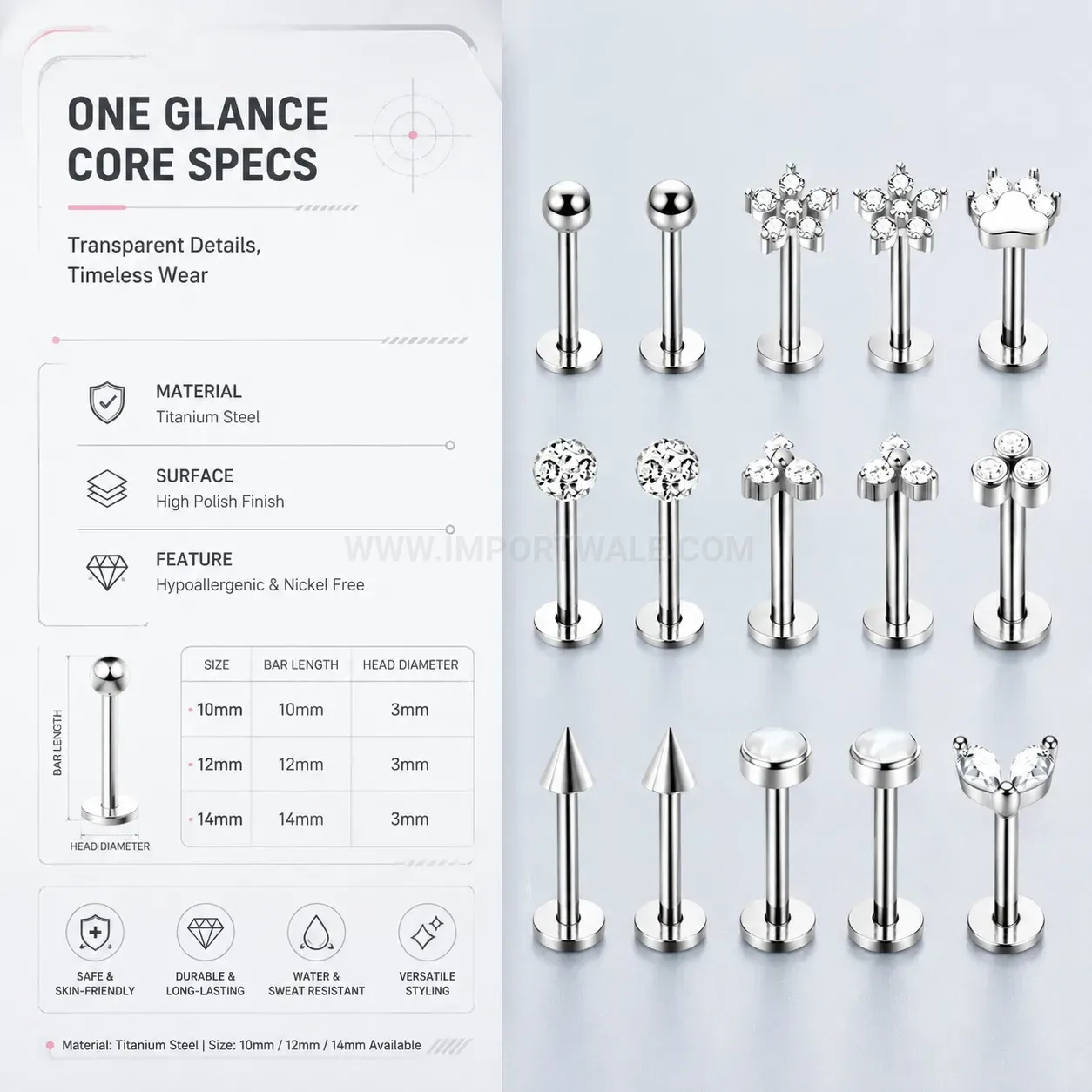 Classic Stainless Steel Crystal Flat Back Screw Labret Stud