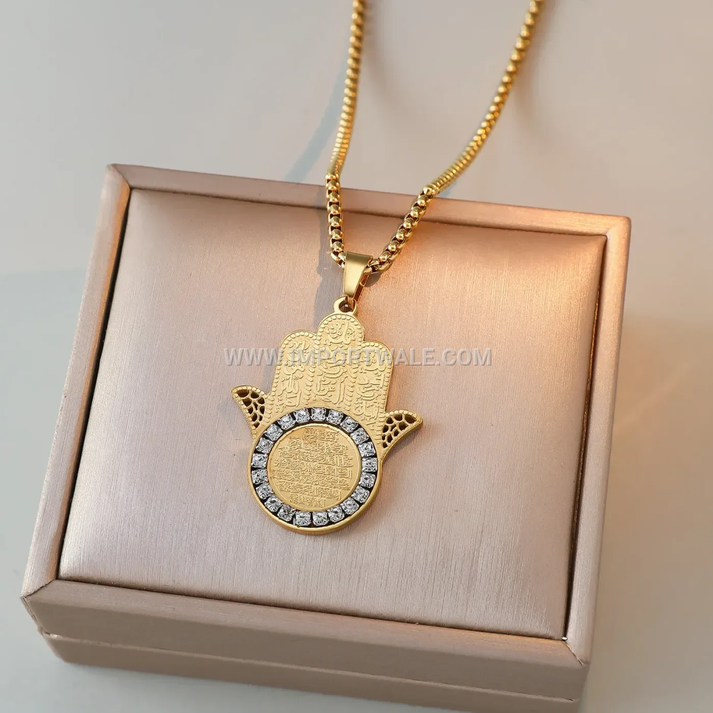 Zircon Ayatul Kursi Palm Stainless Steel Islamic Pendant Necklace
