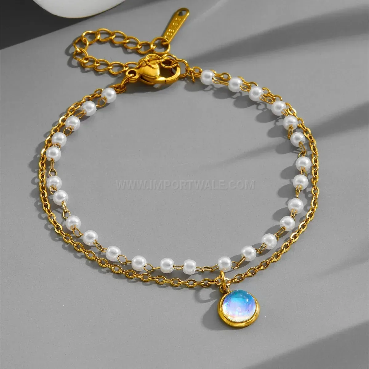 Double Layer Pearl Cat Eye Stone Gold Titanium Steel Bracelet