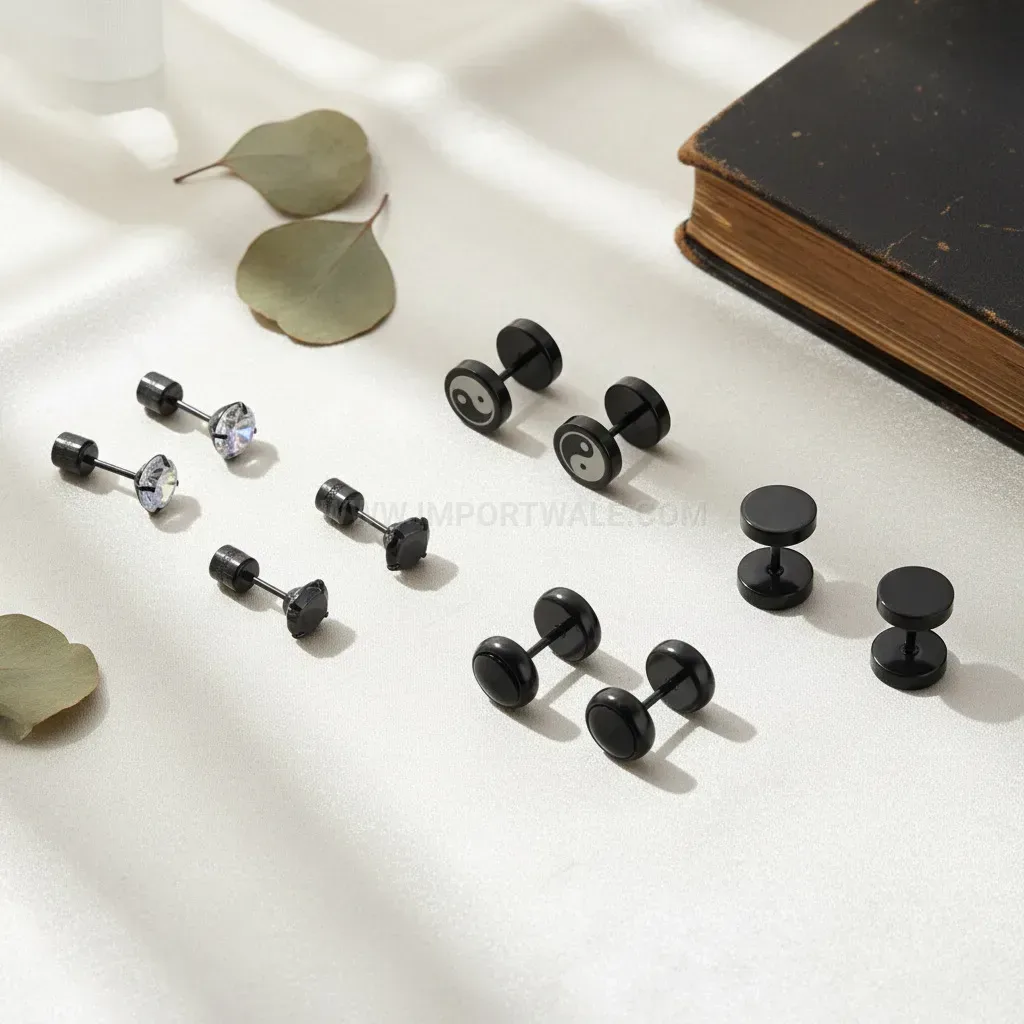Bold Punk Style Stainless Steel Zircon Barbell Piercing Studs