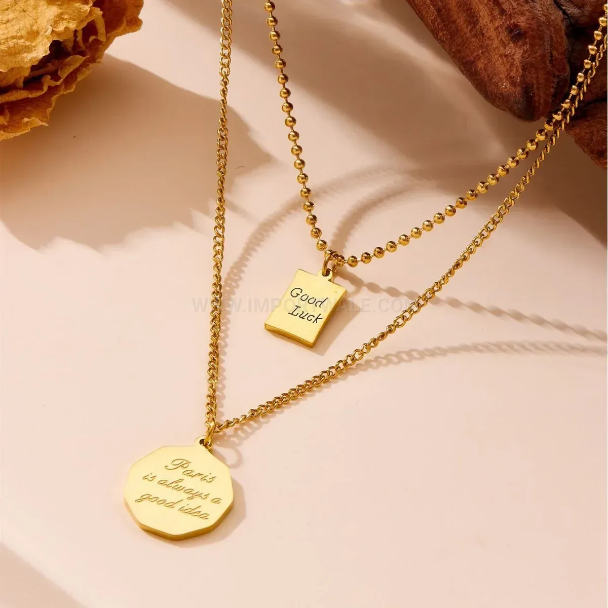 Trendy Double Layer Stainless Steel Pendant Necklace with Round and Square Tags