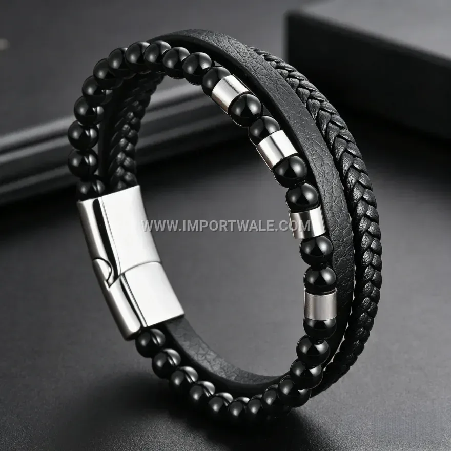 Dual Strand Braided Leather Wrap Bracelet for Men