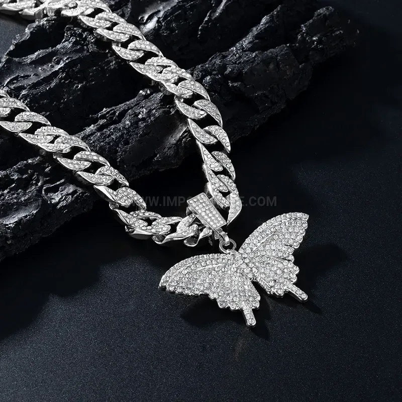 Iced Out Butterfly Alloy Hip Hop Pendant Necklace