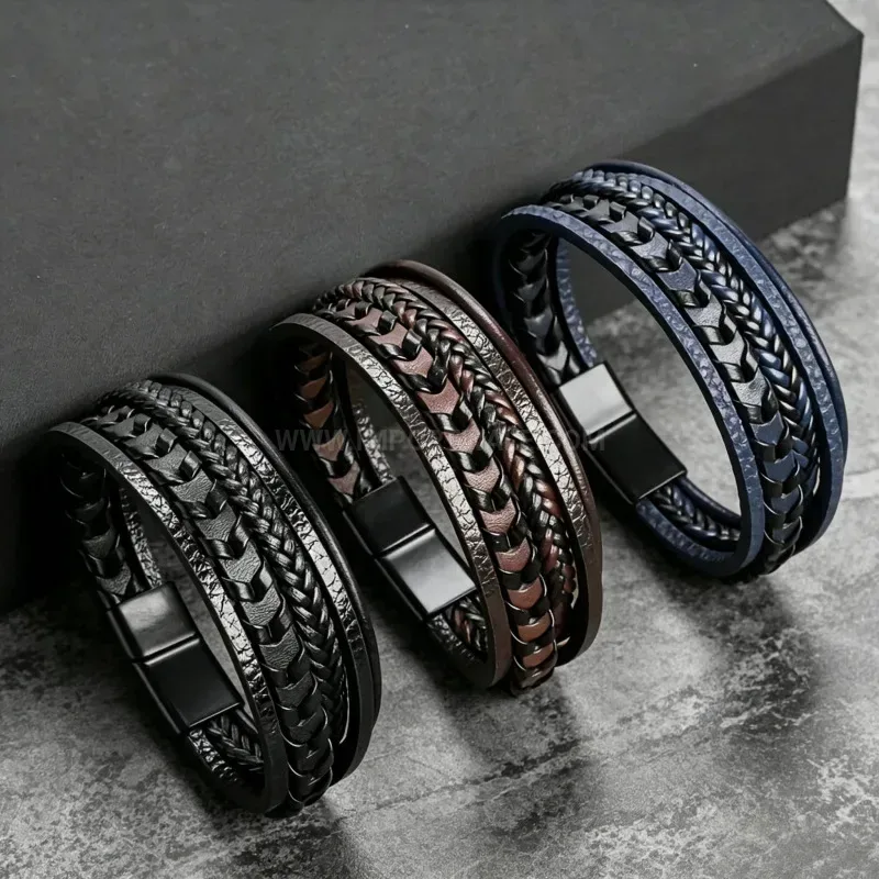 Trendy Multi-Strand Braided Leather Wristband with Magnetic Closure