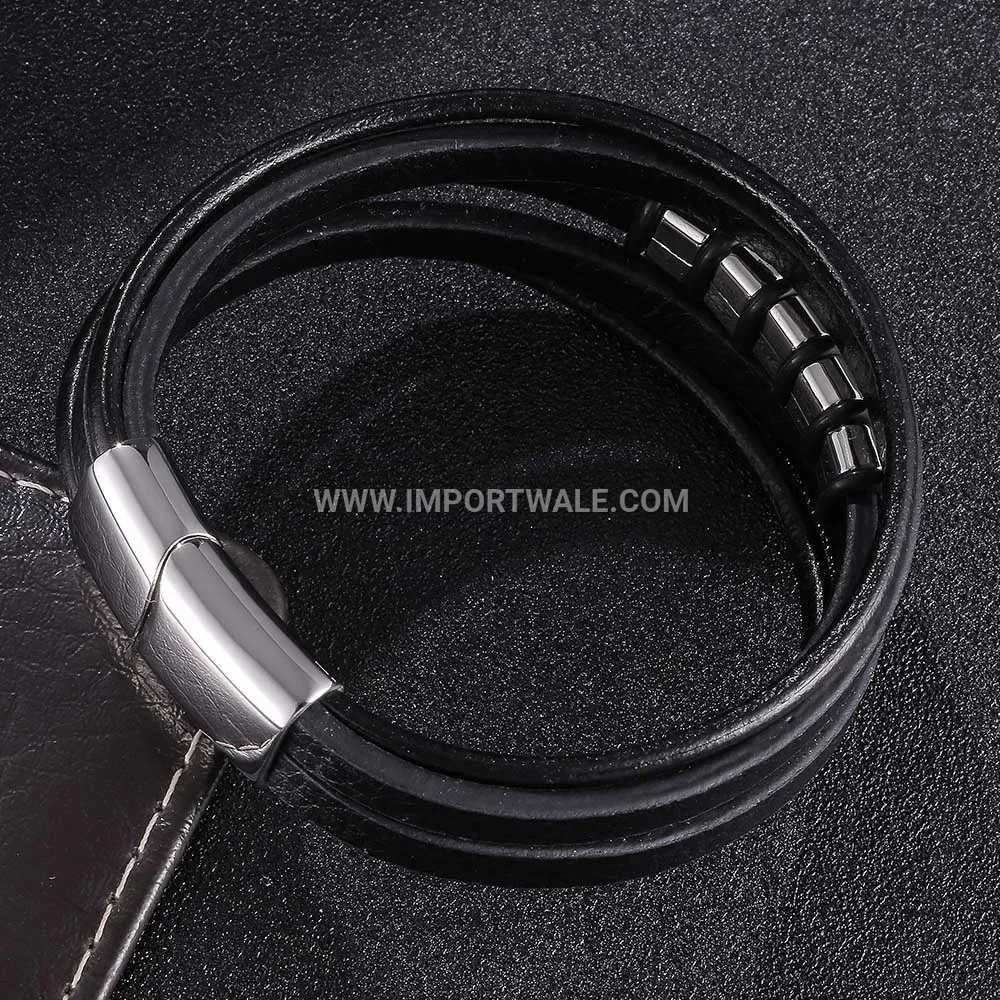 Multi Strand Braided Leather Stainless Steel Men Wristband