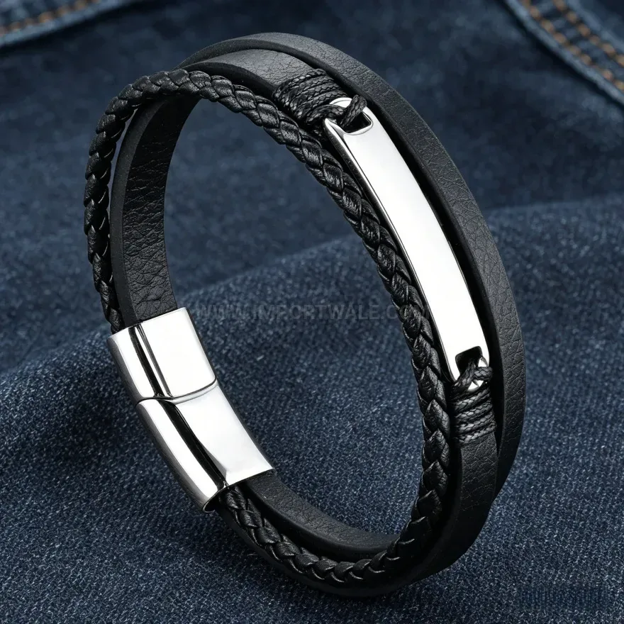 Modern Multi Layer Braided Leather Wristband with Stainless Steel Magnetic Clasp