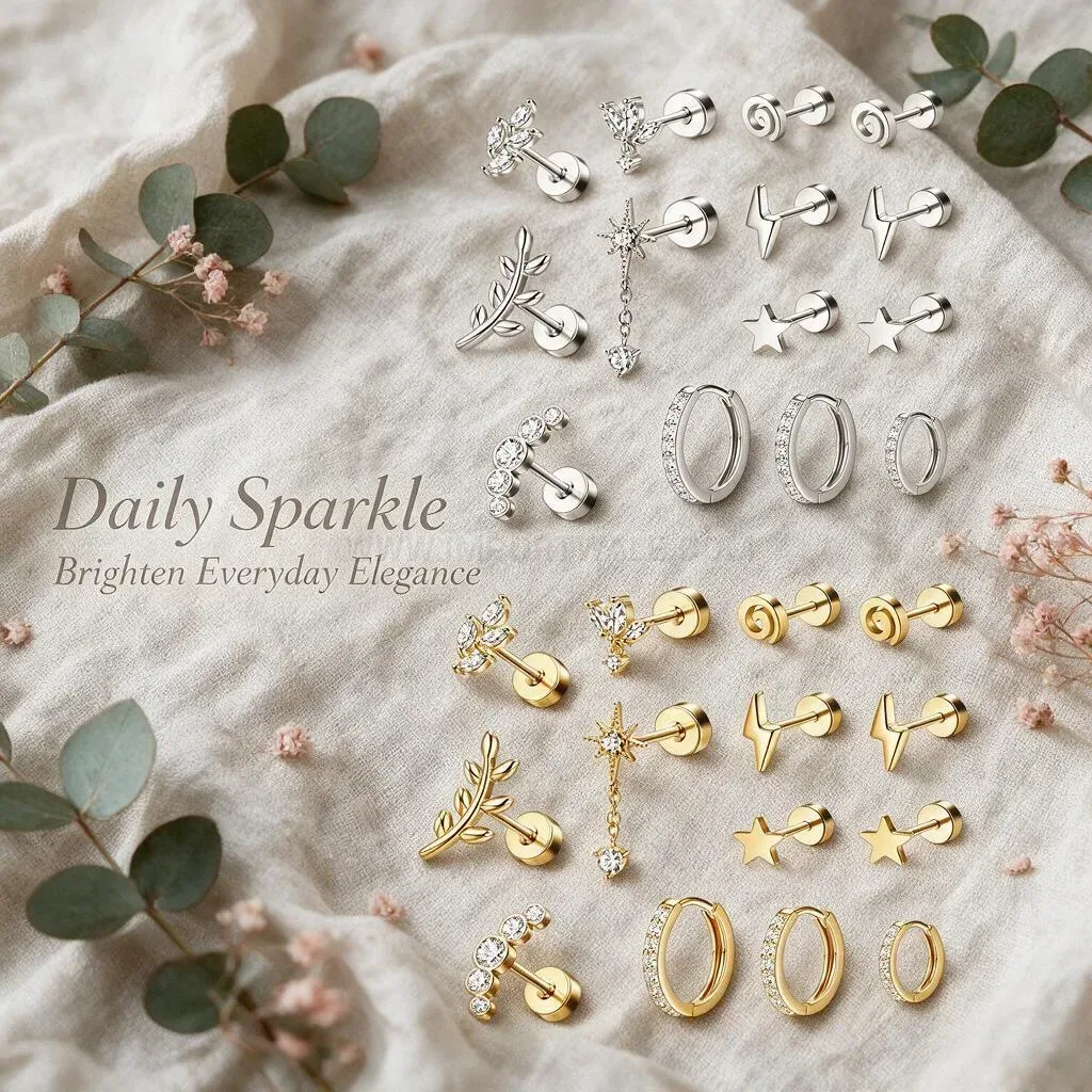 Designer Stainless Steel Lightning Stone Threaded Flat Back Ear Piercing Set