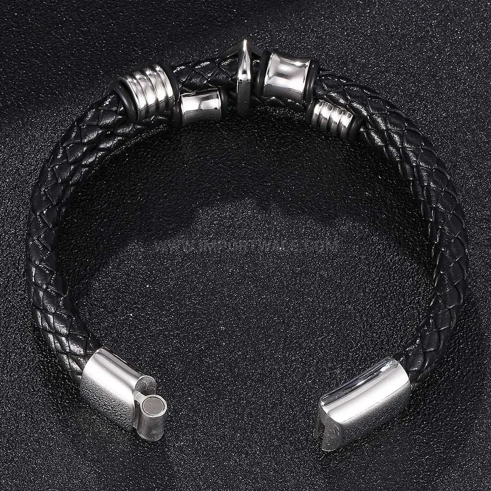 Designer Woven Leather Skull Detail Stainless Steel Charm Bangle