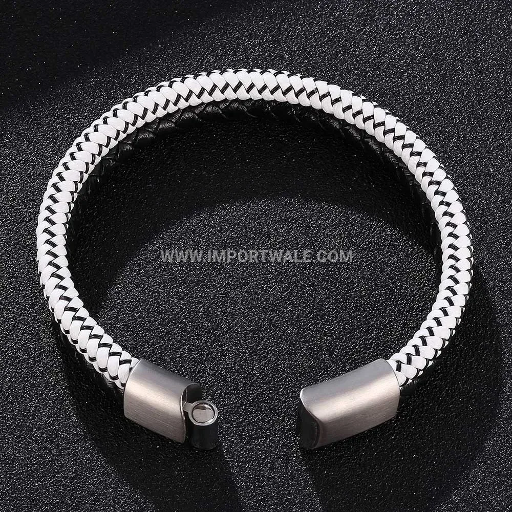 Braided Leather Stainless Steel Men Wristband with Magnetic Clasp