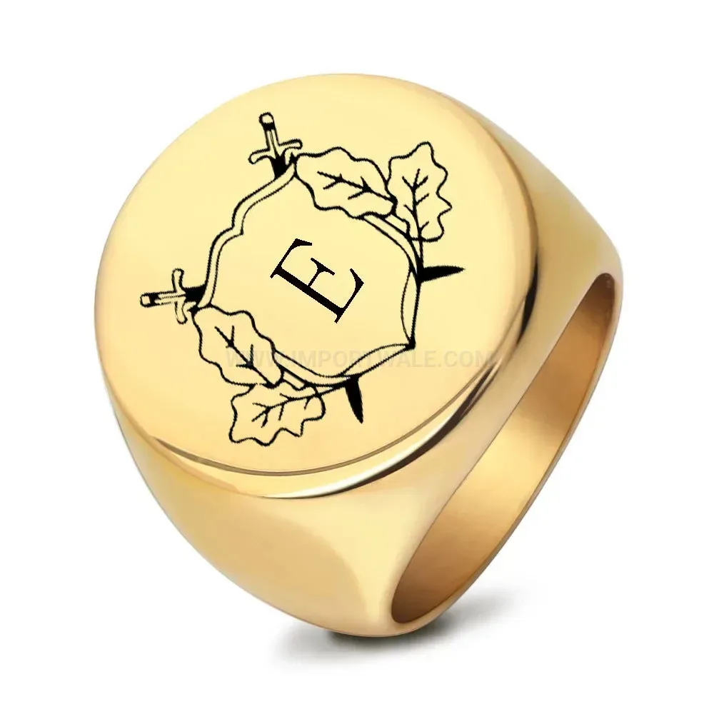 Stylish Vintage Engraved Initial Round Stainless Steel Signet Ring