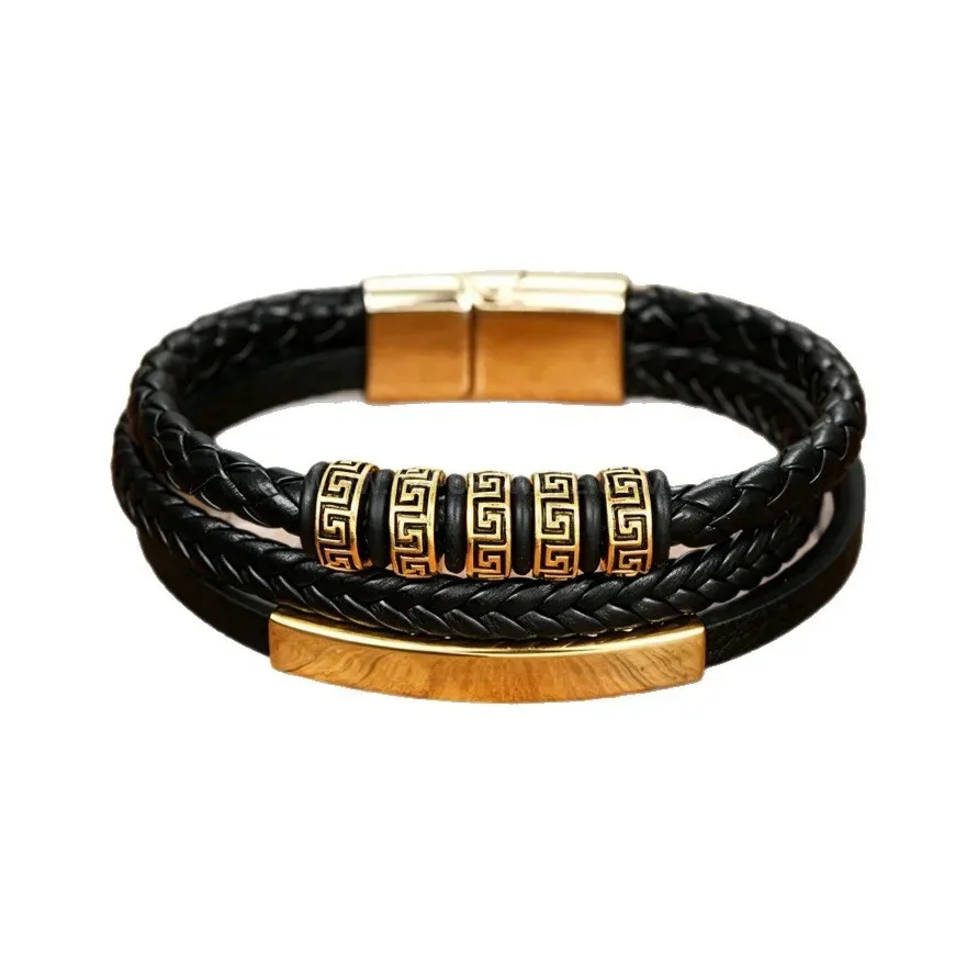 Modern Multi Layer Braided Leather Men's Bracelet with Magnetic Clasp