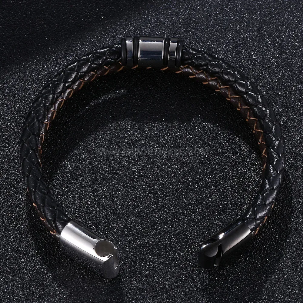 Multi Strand Leather Beaded Bracelet with Stainless Steel Details