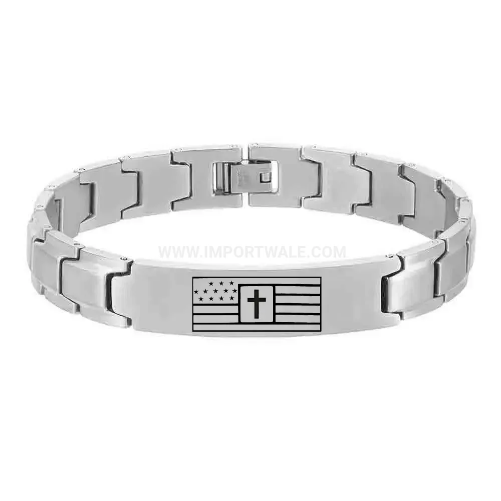 Men's Stainless Steel Engraved Cross Flag Watch Band Bracelet