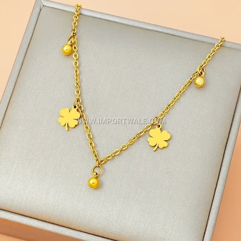 Four-Leaf Clover Gold Beaded Stainless Steel Anklet