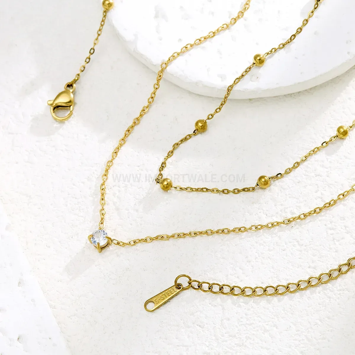 Double Layer Stainless Steel Crystal Pendant Necklace