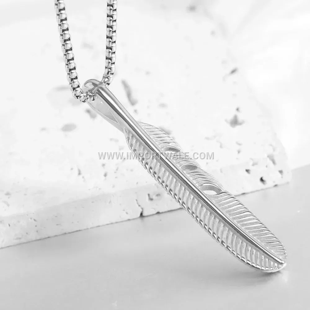 Bold Cast Stainless Steel Feather Pendant Necklace