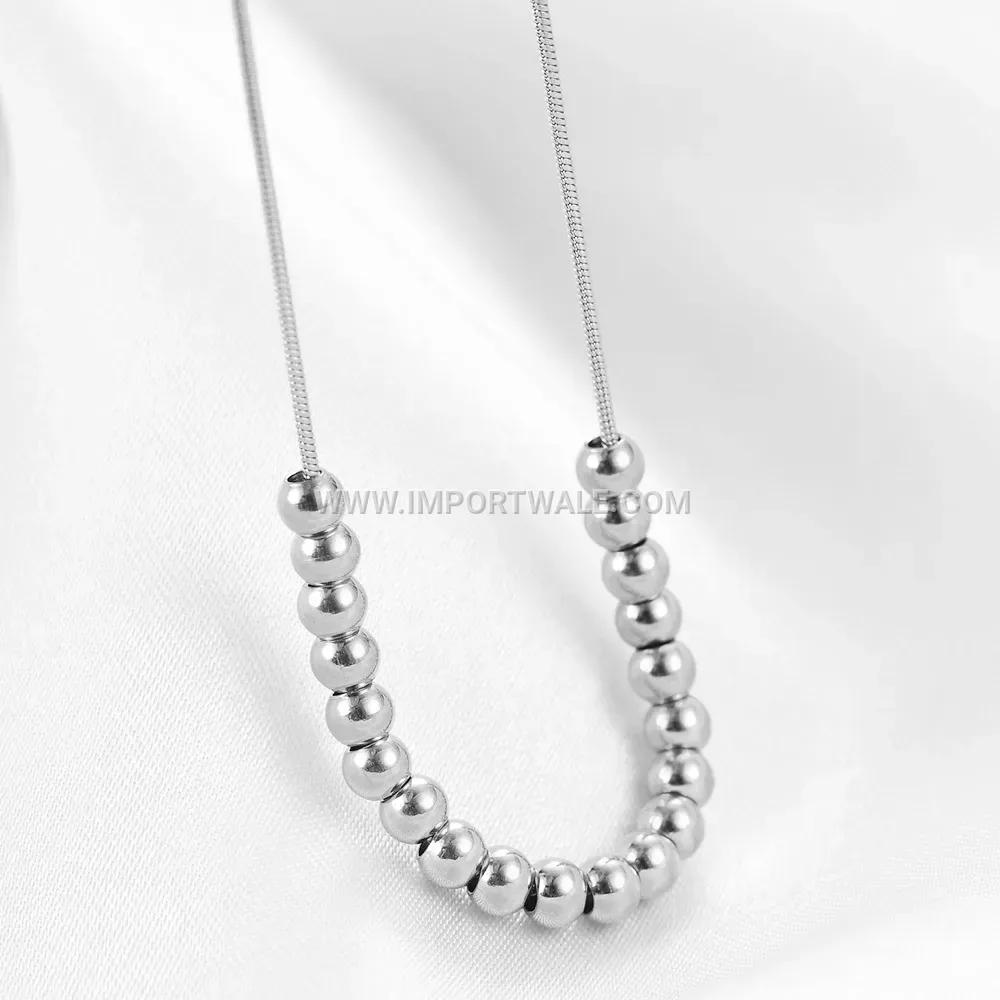 Beaded Stainless Steel Station Sphere Accent Choker Necklace
